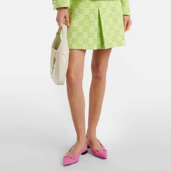 GUCCI Erin Horsebit Pointed Toe Slingback Flat Size 37 Pink GG Guccissima - Picture 3 of 13